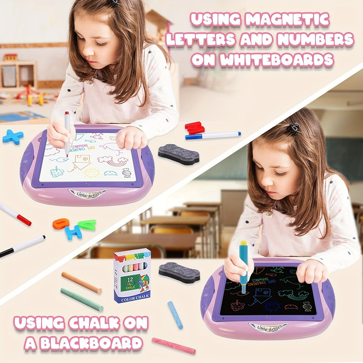 Tableau double face réversible ardoise et tableau avec accessoires
