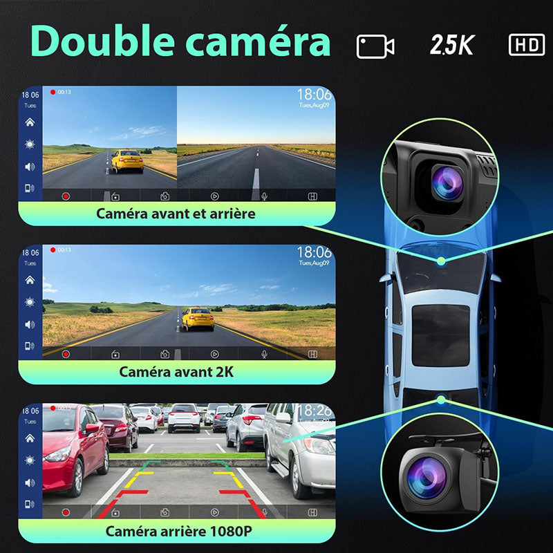 Écran autoradio sans fil 2K avec dashcam et caméra arrière 1080P 64