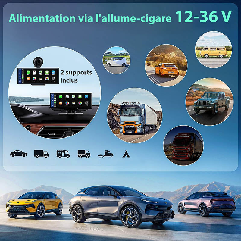 Écran autoradio sans fil 2K avec dashcam et caméra arrière 1080P 64